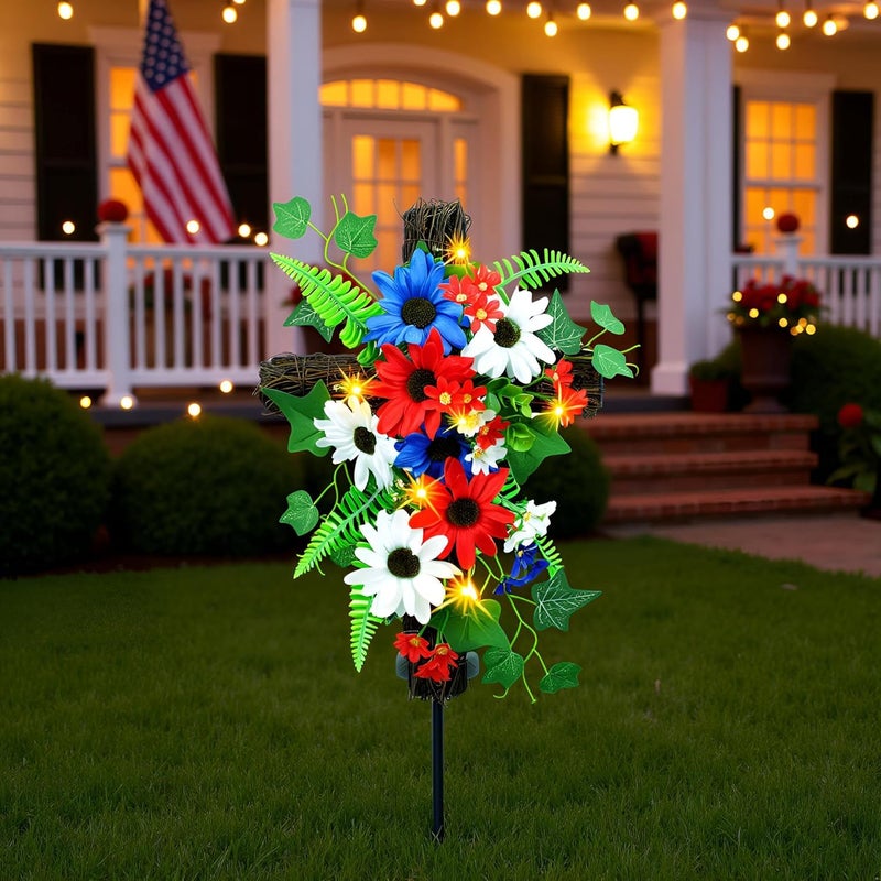 YULETIME Red White & Blue Garden Cross Stake, Solar Powered with Fairy Lights, Metal Cross, Natural Rattan, Red White & Blue Daisies Patriotic Theme Decoration - Image 2
